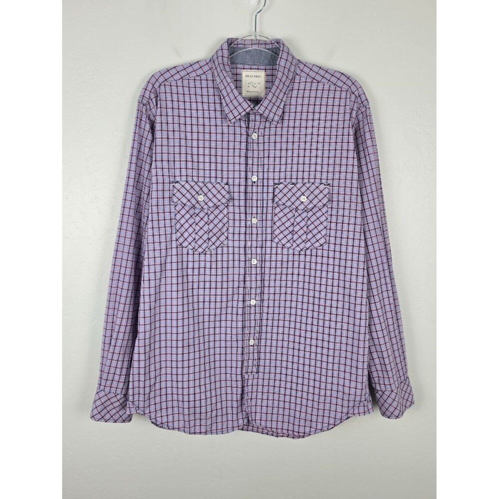 Billy Reid Button Up Shirt Long Sleeve Plaid Cotton Pockets Purple Blue Size L